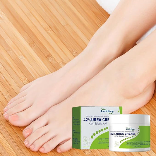 South Moon 42% Urea Cream with 2% Salicylic Acid, featuring a white jar with blue and green labeling, designed for skin hydration and exfoliation.