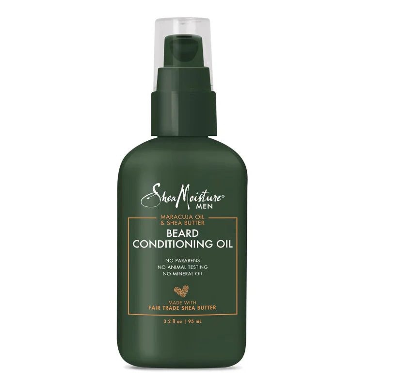 SheaMoisture Men Maracuja Oil & Shea Butter Beard Conditioning Oil in a bottle, designed for nourishing and hydrating beards.