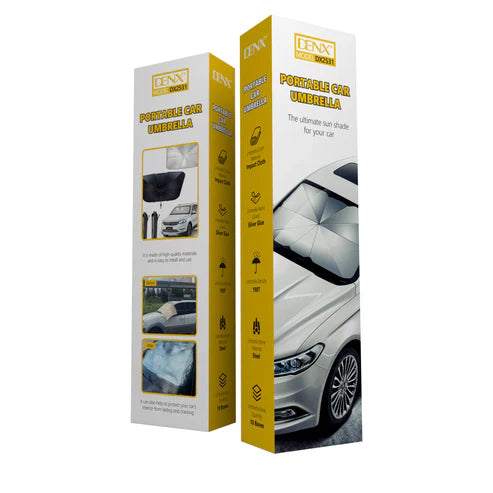 Portable Denx Car Umbrella by My Store, compact and protective, shown folded and partially open for car sun and rain coverage.
