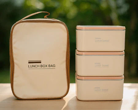 Insulated lunch box set with carry bag, featuring multiple containers and a handle for easy transport, ideal for packed lunches.