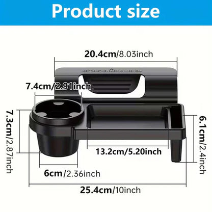 Car armrest with built-in mobile phone holder and cup holder, designed for convenient access and secure storage.