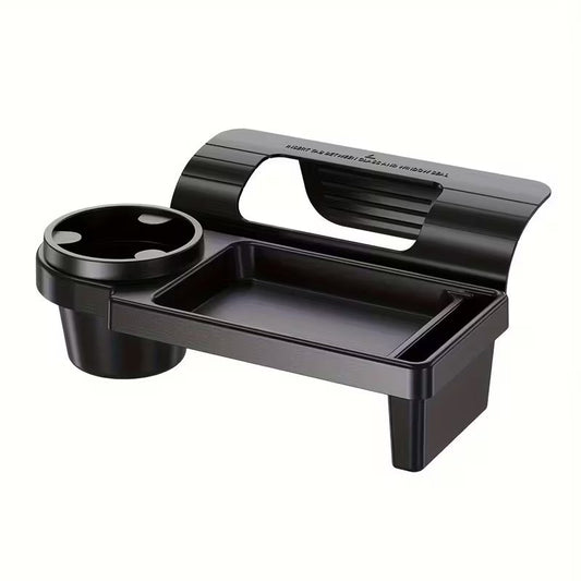 Car armrest with built-in mobile phone holder and cup holder, designed for convenient in-car storage and accessibility.