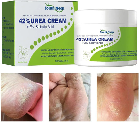 South Moon Urea Cream with 2% Salicylic Acid in a white jar, showcasing the skincare product's label and creamy texture.