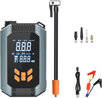 Portable My Store 7200ACA car starter with air pump and power bank, showing compact design, control panel, and air hose.