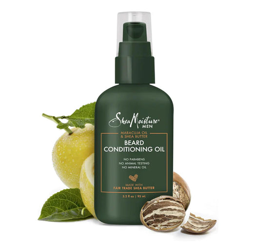SheaMoisture Men Maracuja Oil and Shea Butter beard conditioning oil in a bottle, designed for nourishing and softening facial hair.