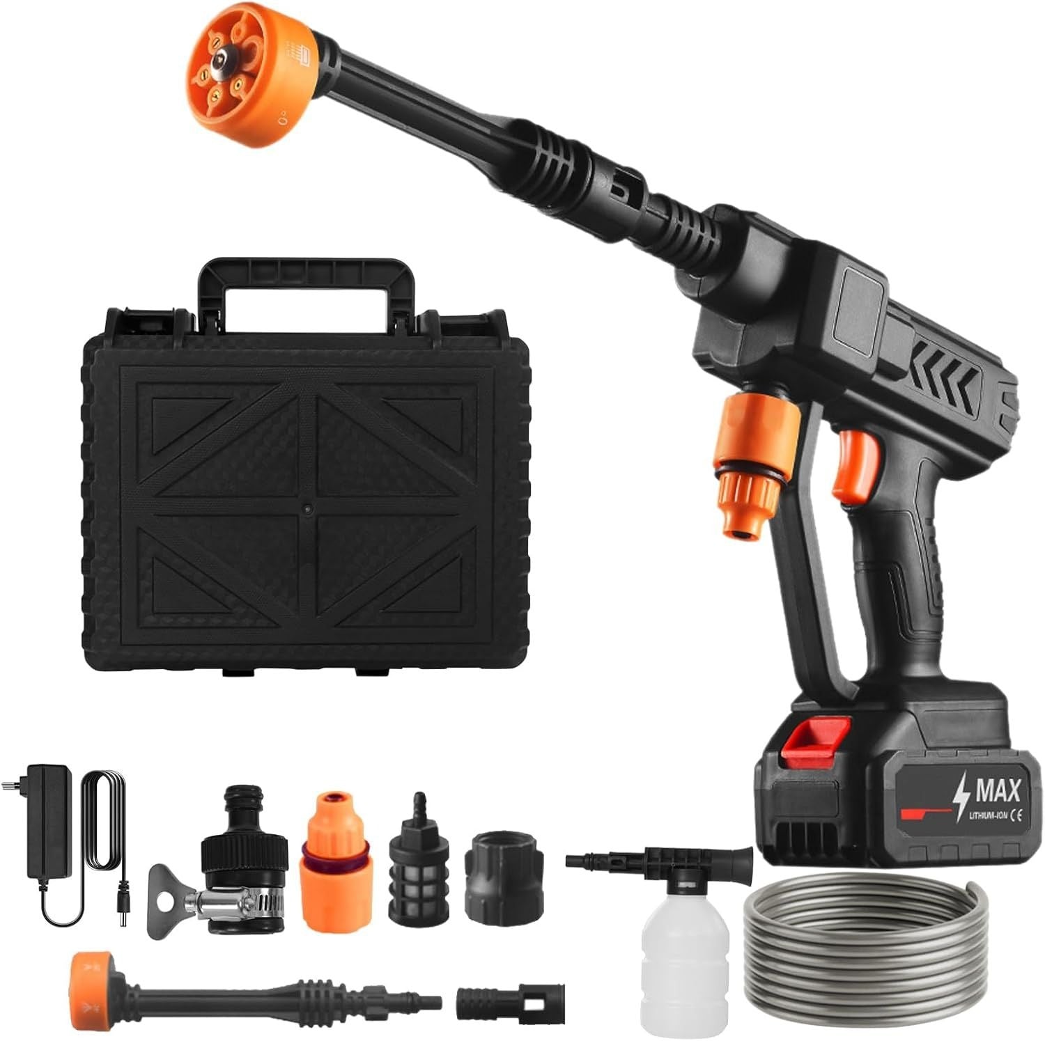 High pressure water cleaning gun from My Store with a trigger and nozzle, ideal for cleaning surfaces and equipment.