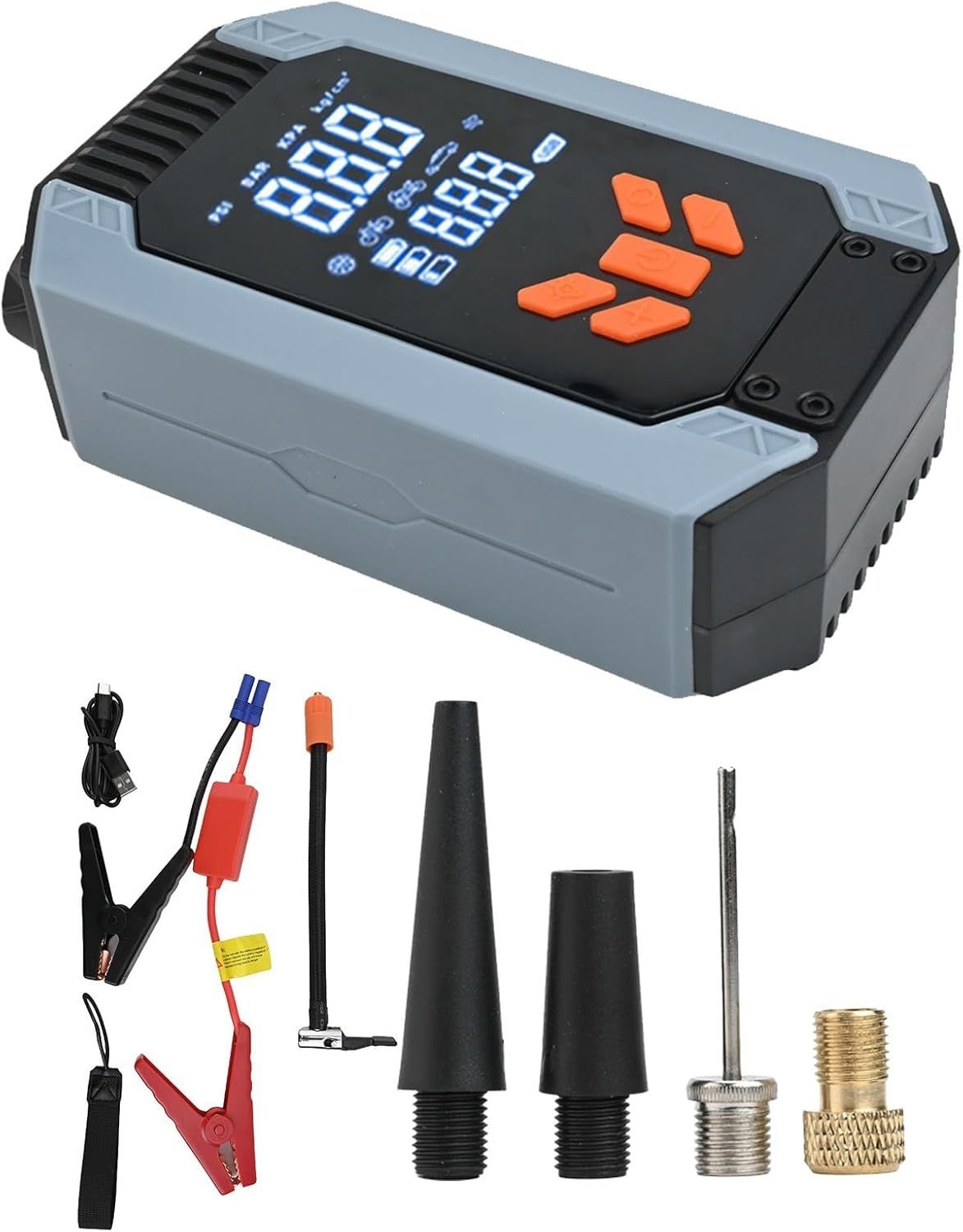 Portable My Store 7200ACA car starter with air pump and power bank, showing device and connected air hose for inflating tires.