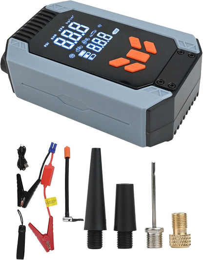 Portable My Store 7200ACA car starter with air pump and power bank, showing device and connected air hose for inflating tires.
