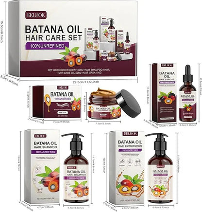 EELHOE Batana Oil Hair Care Set with bottles of natural hair treatment products on a white background