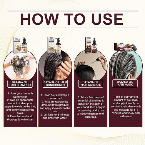 EELHOE Batana Oil Hair Care Set with bottles of natural hair oil and accessories, designed for nourishing hair.