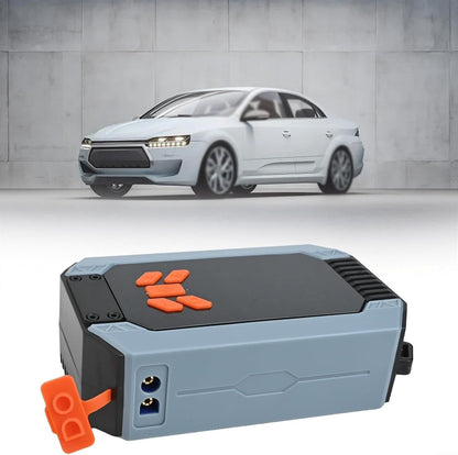 Portable My Store 7200ACA car starter with air pump and power bank, showing battery clamps, air hose, and digital display.