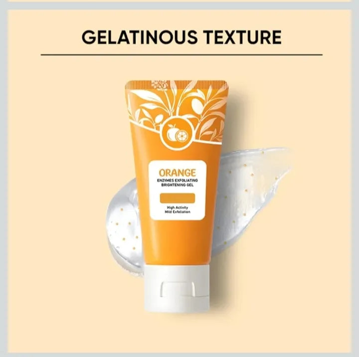 Brightening exfoliating gel in a clear tube with orange and white packaging, designed for skin renewal and brightening.