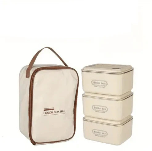 Insulated lunch box set with carry bag, featuring multiple containers and a comfortable handle for easy transport.