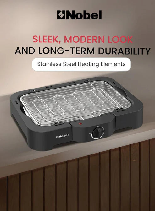 Nobel Electric Grill by My Store featuring a sleek black design, grilling surface with adjustable temperature controls.