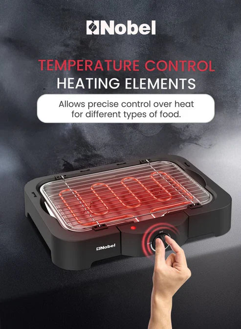 Nobel Electric Grill by My Store showing a sleek black electric grill with adjustable temperature control and grilling surface.
