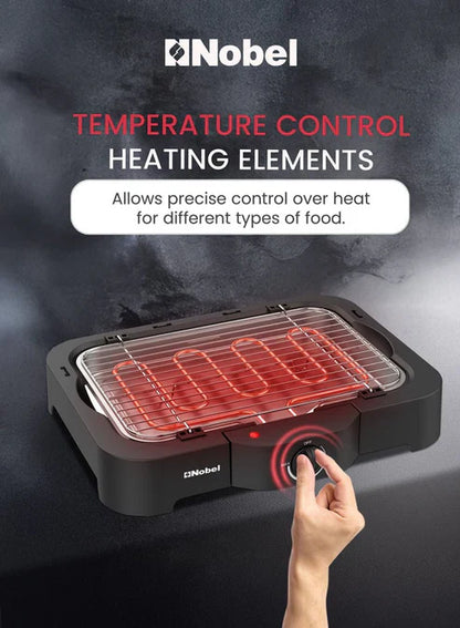 Nobel Electric Grill by My Store showing a sleek black electric grill with adjustable temperature control and grilling surface.
