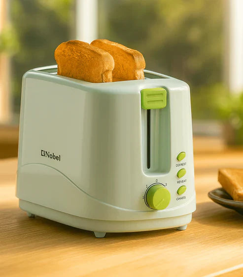 Nobel toaster from My Store with two slots, white finish, and control knobs for easy breakfast bread toasting.
